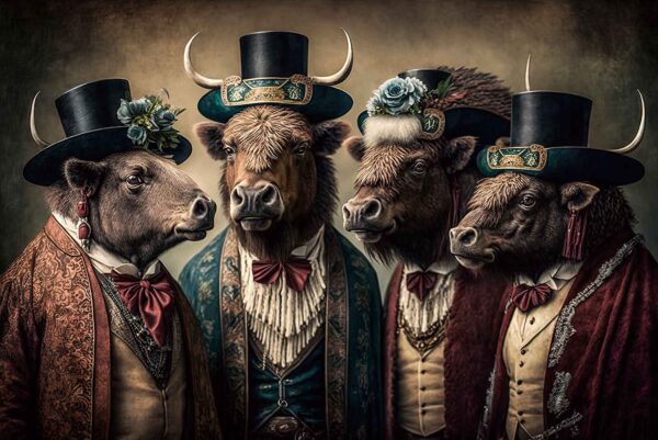 Bisons dressed in victorian era clothing illustration generative ai