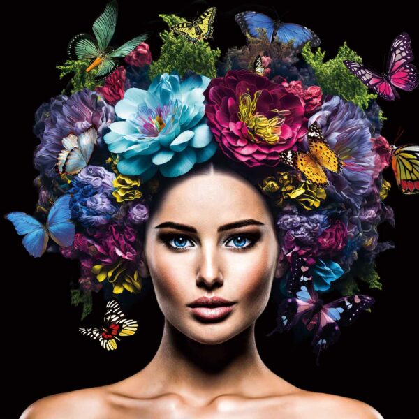 Glasschilderij Head Full Of Flowers 80x120cm